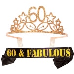 여자 60세 생일 선물 티아라와 새시 골드 HAPPY 파티 용품 60Fabulel Gliter Satin Sash와 Crystal Tiara 왕관 : 샵쓰리911