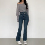 할시 사선 이중버튼 청바지 쫀쫀 하이웨스트 슬림 부츠컷 데님 팬츠 : 조이조이 JOYJOY