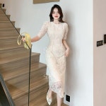 레이스롱원피스 피로연 롱드레스 L 항공발송 베이지 A라인 슬림 돌잔치 : 오베코샵