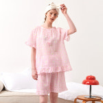 라이트코튼 체크데이지 프릴 면 반팔 가볍고 편한 여름잠옷세트 홈웨어 여성 파자마세트 : 댑코리아