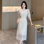 레이스롱원피스 피로연 롱드레스 L 항공발송 베이지 A라인 슬림 돌잔치 : 오베코샵