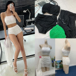 트로이비키니세트 펀칭 트임 비치웨어 숄 탑 수영복 : 유유존