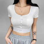 버튼 이너 크롭 탑 골지 슬림 스판 티셔츠 레터링 캡내장 스퀘어넥 : with.H