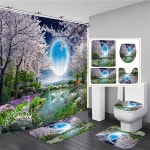 욕실커텐 별이 빛나는 꽃 숲 풍경 샤워 커튼 미끄럼 방지 러그 목욕 매트 카펫 화장실 세트 방수 욕조 욕실 장식 : 리우스토어