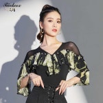 프릴 라틴 라인 펄 상의 댄스 브이피 연습복 바디수트형 살사 스포츠 댄스복 무늬 망사 : 모든걸판매함