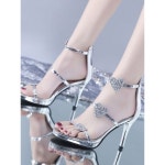 실버구두 여성 하이힐 신발 은색 발목 스트랩 반짝이는 반짝이 별 하트 패턴 파티 슈즈 : 이공이이