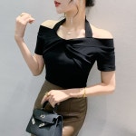 라인 댄스복 상의 방송 댄스 줌바 홀터넥 여성 반팔 라틴 오프숄더 공연복 : 친구집엔있어