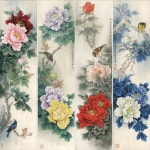 궁중 모란도 4폭 병풍 한국화 꽃그림 민화 목단꽃 밑그림 도안 : 냠냠직구냠