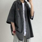 남자 오버핏 데님 반팔셔츠 포켓베어 캐주얼코디 남자반팔청남방 남자데님셔츠 남자청남방 : 나경헬스