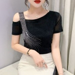 댄스복 반팔 여성 밸리 라틴 방송 스포츠 댄스 상의 오프숄더 블라우스 : 친구집엔있어