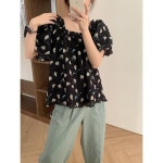 정통 ~ 스퀘어 칼라 퍼프 소매 꽃 셔츠 여자 2024 여름 신상품 트렌디 시리즈 부드러운 바람 탑 작은 셔츠 G2227 : 현원샵11