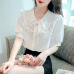 리본 블라우스 셔츠 프렌치 레이스 인형 칼라 여성 여름 2024 새로운 세련 된 화이트 반팔 탑 : 이안프렌즈