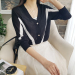 디바스타[무배] 여성용 H9516비치브이CD 여름 긴소매 니트 가디건 브이넥 단추 배색 포인트 데일리룩 : 디바스타