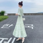여름 실크 원피스 녹색 슬리밍 무릎 높이 스커트를위 꽃 무늬 쉬폰 : 365비비세일