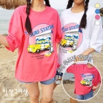 디바스타[무배] 여성용 국내제작 주유소롤업반팔티 라운드넥 베이직핏 영문레터링 나염 루즈핏 유니크 : 디바스타