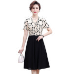 여성 레이어드 반팔 원피스 리본 타이넥 도트무늬 하프기장 원피스 H052207 : 플로엔스