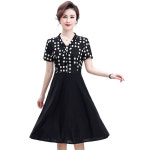 여성 레이어드 반팔 원피스 리본 타이넥 도트무늬 하프기장 원피스 H052207 : 플로엔스