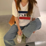 여름 단순 다 라운드 넥 풀오버 편지 패턴 인쇄 세트 티셔츠 여성 패션 캐주얼 코튼 반팔 : 블랑C