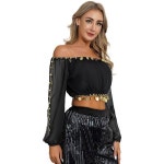 밸리 댄스 의상 벨리 여성용 밸리 크롭 탑 발레리나 코스튬 동전 달린 오프 숄더 튜닉 셔츠 짧은 : 맹맹