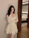 롱 커팅 치마 원피스 여름 분위기 백리스 티 청순 프렌치 퍼프 소매 : 메종소피