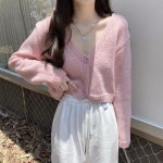 여름가디건  긴팔 스웨터  V넥 단추 다운 크롭 재킷 스위트 솔리드 캔디 컬러 루즈 니트 아우터 : 이사장상회