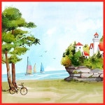 여름 썸머 수채화 바다 해변 모래사장 수영 리조트 모텔 펜션 나무 휴가 하늘 구름 카페 파르텔 벽지 시트지 롤스크린 : 으뜸데코