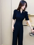 벨트 점프수트 여름 반팔 팬츠 바지 정장 퍼프 소매 셋업 수트 시크한 스트레이트 원피스 : 에버그린1004