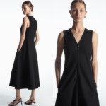 COS 코스 민소매 브이넥 A라인 집업 지퍼 미디 롱 원피스 블랙 : 밋 해이븐