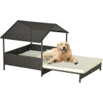 PawHut Outdoor Wicker Dog House with Canopy Extendable Rattan Bed Soft Cushion Removable Cover for M : 올쿼터스13