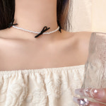 블랙 쓰리 리본 진주 초커 목걸이 얇은 포인트 데일리 미니멀 러블리 패션 여성 주얼리 : 아이엘제이