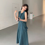 블루 탱크탑 여성 민소매 데님 나시 청원피스 미디 여름 슬림 무릎 위 드레스 : 노바다