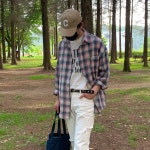 남자 린넨셔츠 여름셔츠 핑크 오버핏 체크남방 : 구오룸