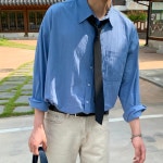 남자여름셔츠 오버핏 블루 얇은셔츠 : 구오룸