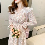 쉬폰원피스 플러스사이즈 혼주 봄 의류 신상 여자 프랑스 스타일 부드러운 바람 차 휴식 허리 포옹 슬리밍 긴 소매 쉬폰 꽃 무늬 드레스... 