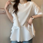 여성스런 에이 프릴 라운드넥 반팔 블라우스 티셔츠 여름 여성 데일리 데이트 미시 하객룩 : 헤이제이.맘