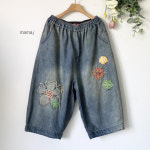 중년여성 플라워 입체 자수 워싱 데님 팬츠 50대 엄마옷 마담 : 마마제이 여성의류