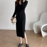 여자 니트 골지 여성 원피스 여름 간절기 가을 슬림 롱 긴팔 브이넥 원피스 : 스킨올리