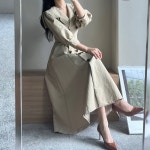 디어벨르유 | 앙상블 바스락 세일러 사각 빅 카라 트렌치 벌룬 퍼프소매 7부 벨트 A라인 더블버튼 코트 고퀄 간절기 원피스(2color) : 엘린무드