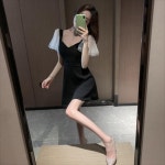 오프숄더 긴팔원피스 클럽 여성 넥 슬리밍 메쉬 구슬 사우나 기술자 작업복 복장 : 로로지영