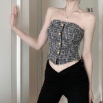 페미닌 섹시 클럽 파티룩 금장 단추 스모크밴딩 트위드 크롭탑 : 유어밤