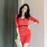 미체 홀복 긴팔 섹시 브이넥 타이트 미니 원피스(m6404) : miche원피스