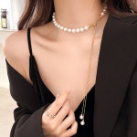유니크 하객 패션 오피스룩 데이트룩 롱 드롭 조임 진주 목걸이 : PoemStore