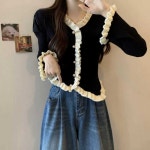 프릴 포인트 니트 가디건 진주 단추 가디건 하객룩 M 아이보리 : 결정