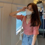 크롭 레드 블라우스 셔츠 체크 여성 여름 오피스룩 S 빨간색 : 루나까미노