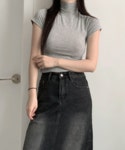 [1+1/얇은소재/슬림핏]스킨 폴라 세미 크롭 반팔 티셔츠 : 스프링우드S