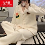 파자마 잠옷 긴팔 여성 겨울 긴소매 실내복 상하 잠옷바지 G9853 잎 아프리콧트 여성용 M 사이즈 (권장체중80-100파운드) : 상상스토어샵