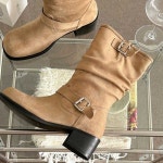 스웨이드 셔링 버클 바이커 미들 부츠 : 하이정