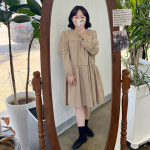 OPS [148 키작녀쇼핑몰] 라운드넥 긴팔 캉캉 셔링 미디 원피스 : 명월마켓