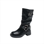 여성 숏부츠 가을 겨울 앵글 방한 워커 두꺼운 굽 서부 카우보이 나이트 주름 더미 하이 어그 여자 신발 : FEELINGMALL