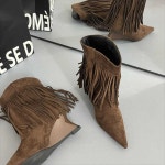 여성 웨스턴 카우보이 앵글 부츠 수술 태슬 구두 뾰족한 웨지 힐 짧은 봄 가을 복고풍 소매 두꺼운 뒤꿈치 스웨이드 다리 서부 앵클 발목... 